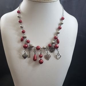 Paparazzi Faux Silver and Red Pearl Necklace and Earrings Set